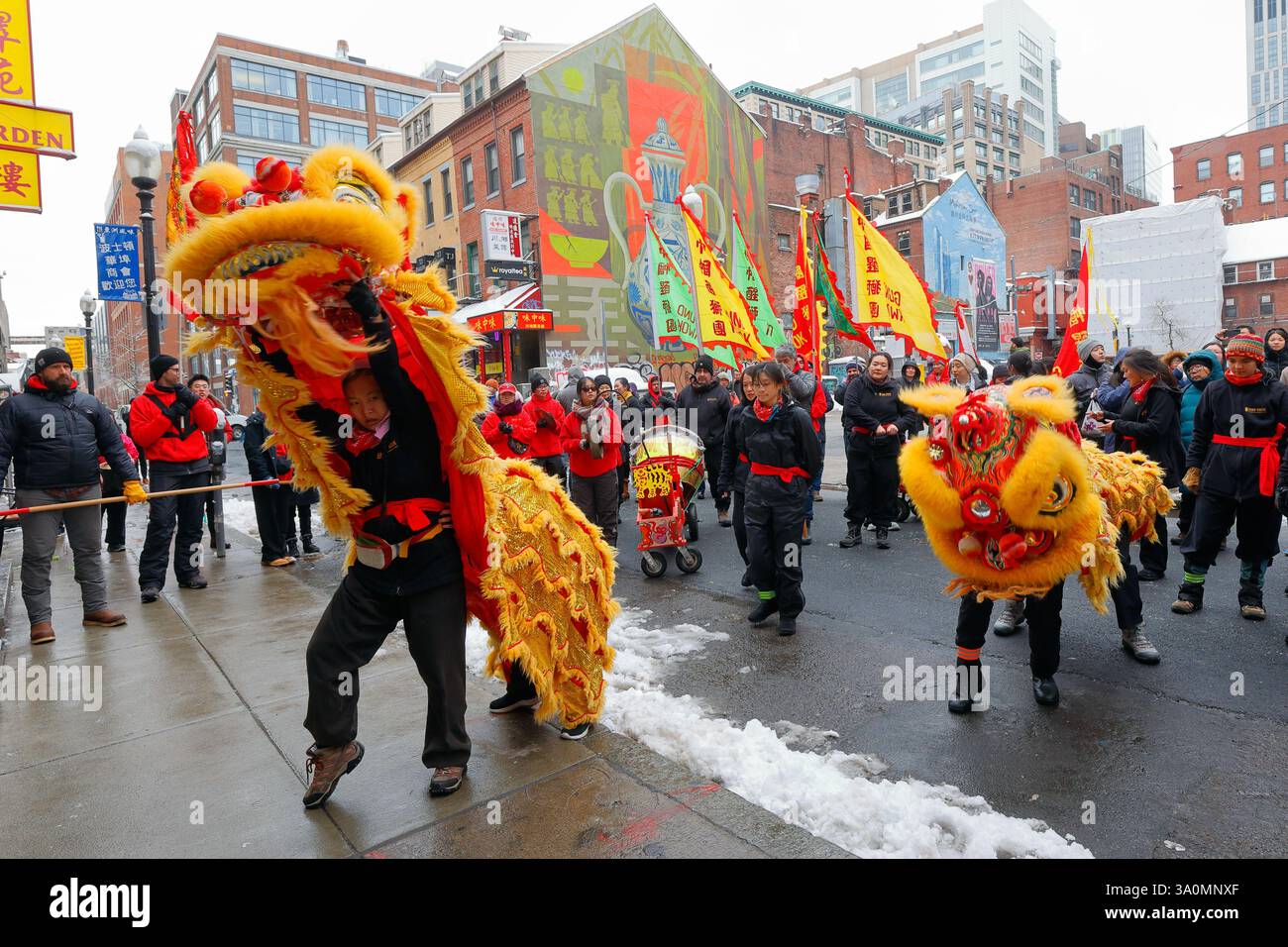 Gung Kwok 巾幗 Asian Women's Lion Dance Troupe a Boston durante il Festival di primavera, Capodanno cinese, 9 febbraio 2025. (vedere i dettagli aggiuntivi) Foto Stock