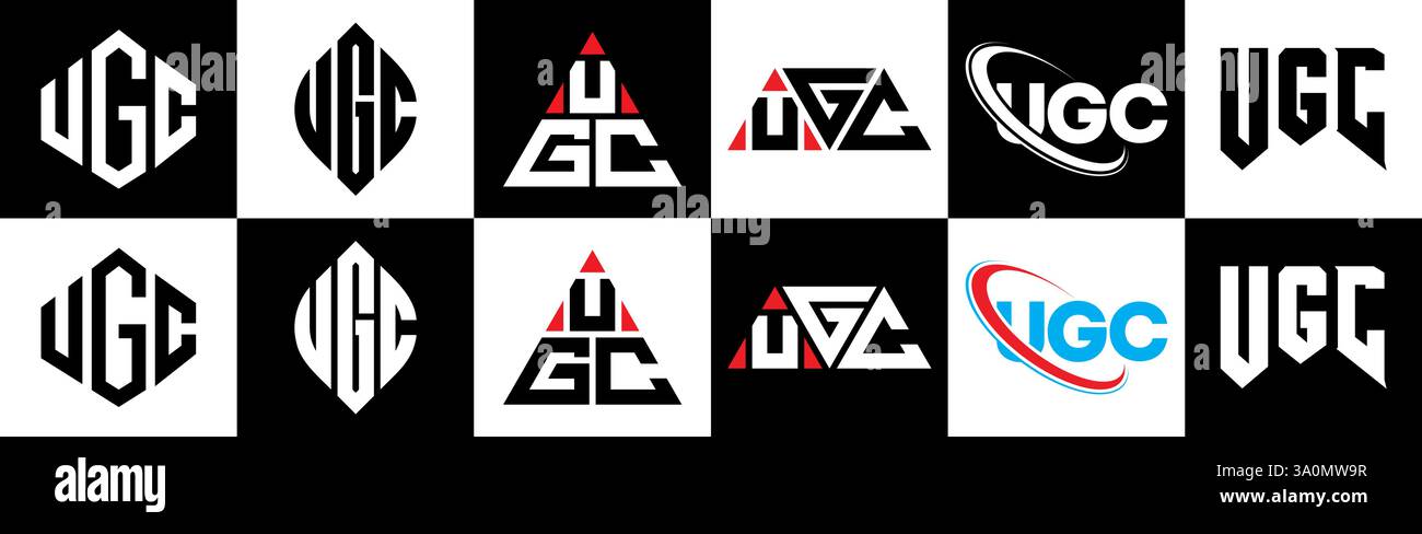 Logo UGC Letter in sei stili. Poligono, cerchio, triangolo, esagono, piatto e semplice con logo lettera di variazione colore bianco e nero Illustrazione Vettoriale