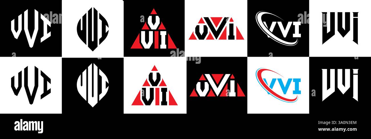 Logo VVI Letter in sei stili. Poligono VVI, cerchio, triangolo, esagono, piatto e semplice con logo lettera di variazione colore bianco e nero Illustrazione Vettoriale