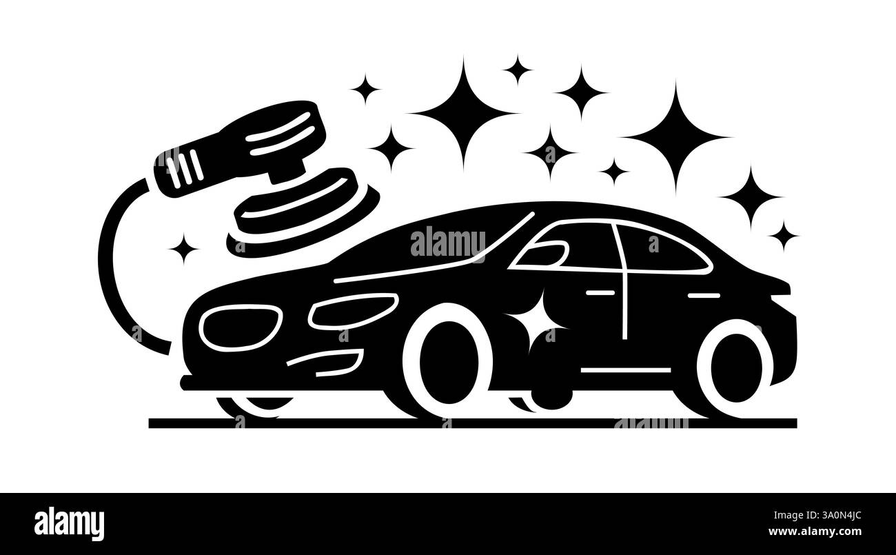 Un logo per dettagli automobilistici d'ispirazione vintage con una lucidatrice stilizzata, un'elegante silhouette di auto e stelle scintillanti che rappresentano cleanline Illustrazione Vettoriale