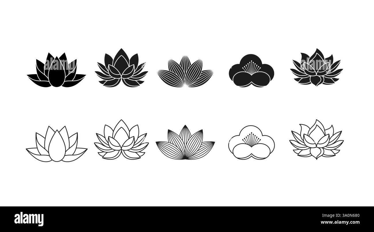 Collezione di fiori di loto in bianco e nero. Set minimalista di semplici illustrazioni, icone e loghi. Illustrazione Vettoriale