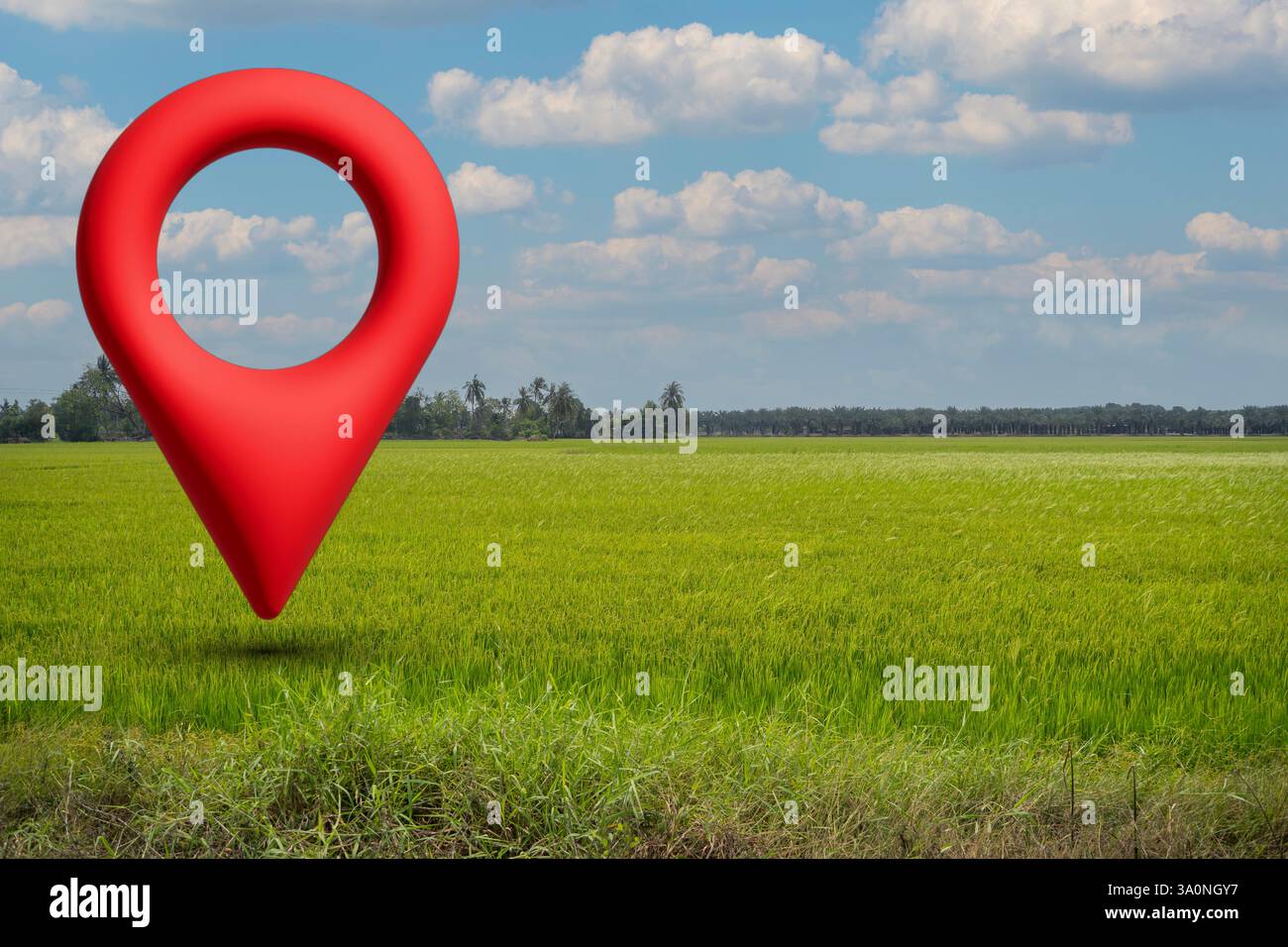 Terreno in vendita con l'icona del perno sulla terra e l'erba verde nella vendita immobiliare o concetto di investimento immobiliare, acquisto di nuova casa per la famiglia - 3d di b Foto Stock