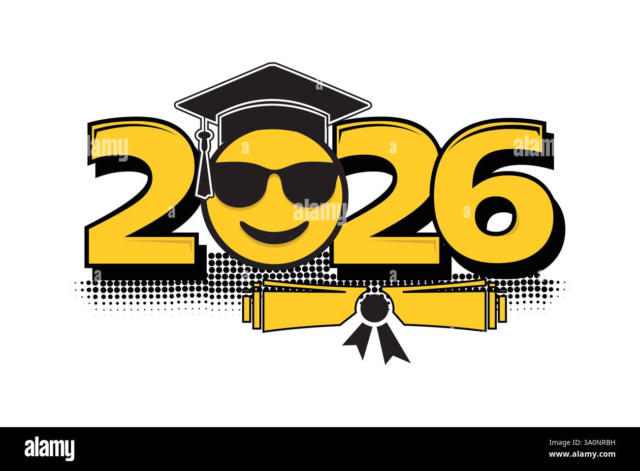 Classe di laurea 2026. L'emoticon sorride nel berretto graduato. Illustrazione Vettoriale