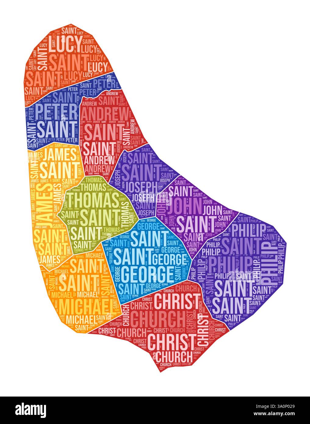 Forma delle Barbados. Cloud di parole del paese con divisione regionale. Illustrazione colorata delle Barbados. Fumetto nomi area. Illustrazione vettoriale. Illustrazione Vettoriale