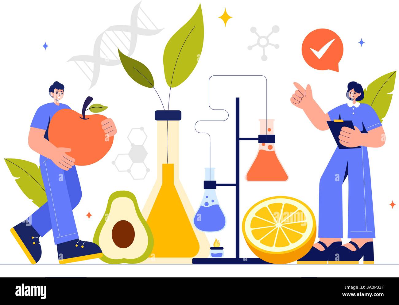 Illustrazione della scienza alimentare che presenta le biotecnologie per l'ingegneria alimentare con i prodotti chimici che testano i prodotti per garantire la sicurezza e analizzare le strutture chimiche Illustrazione Vettoriale