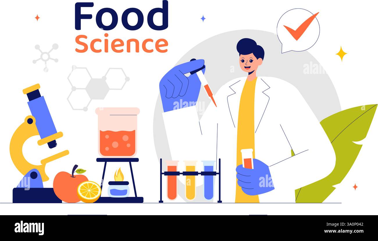 Illustrazione della scienza alimentare che presenta le biotecnologie per l'ingegneria alimentare con i prodotti chimici che testano i prodotti per garantire la sicurezza e analizzare le strutture chimiche Illustrazione Vettoriale
