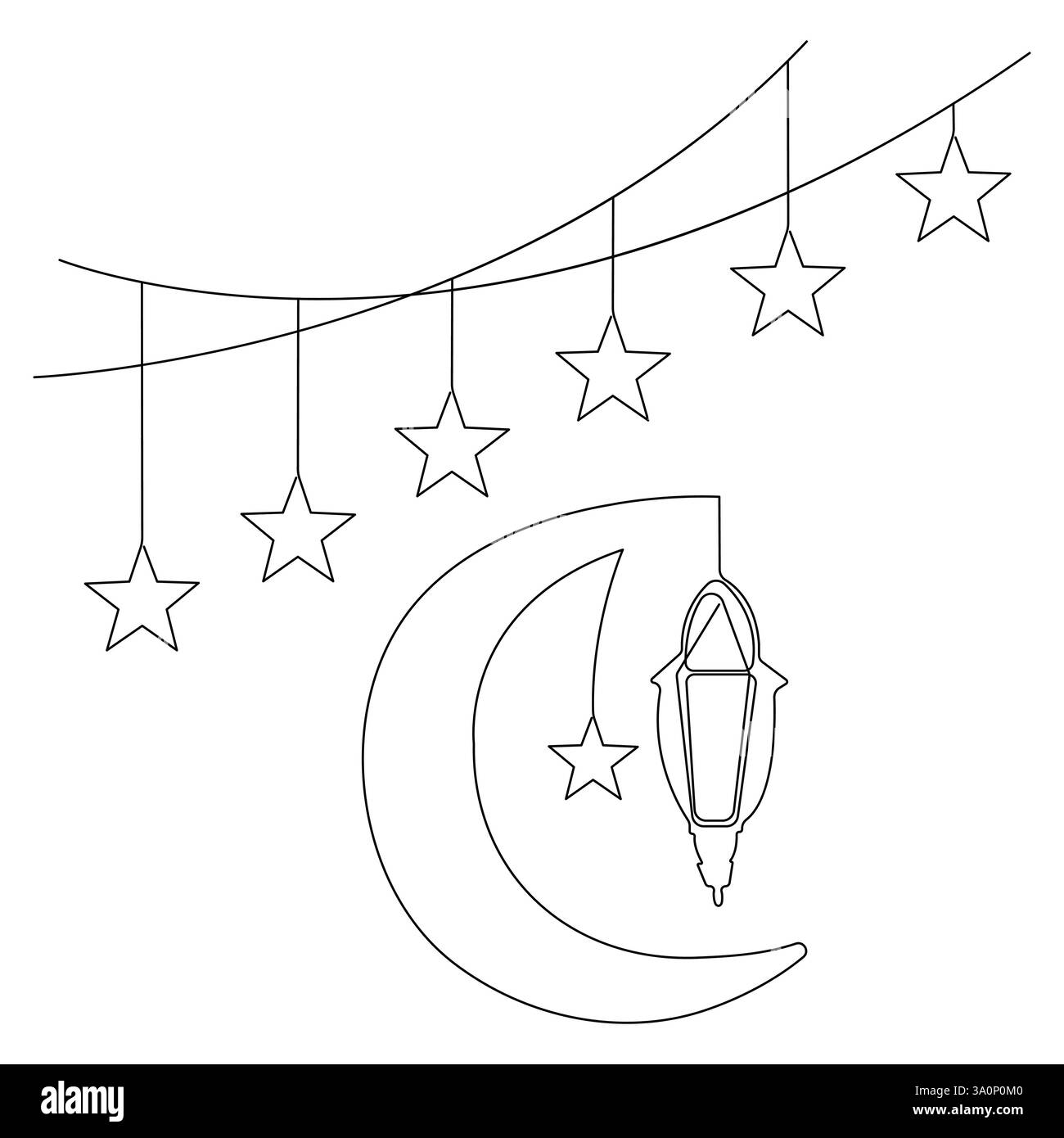Ramadan Kareem continua arte a linea singola che disegna decorazioni islamiche con lanterna stella e luna in stile festeggiamenti religiosi Illustrazione Vettoriale