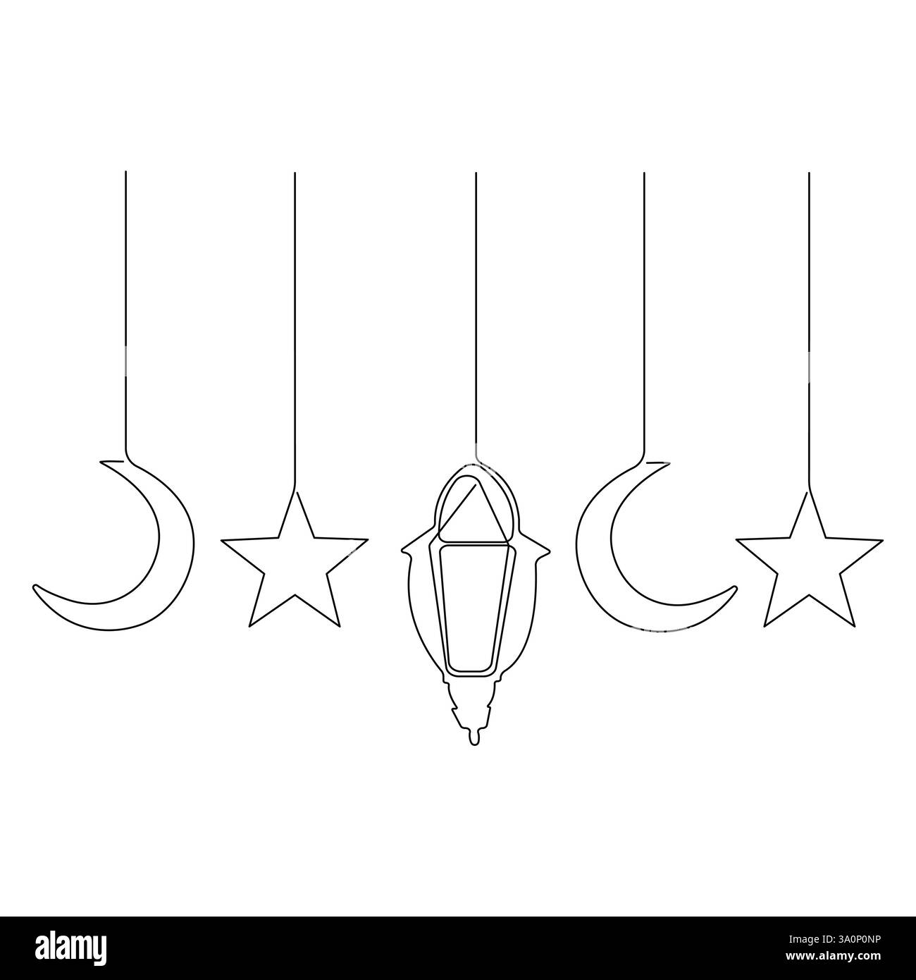Ramadan Kareem continua arte a linea singola che disegna decorazioni islamiche con lanterna stella e luna in stile festeggiamenti religiosi Illustrazione Vettoriale