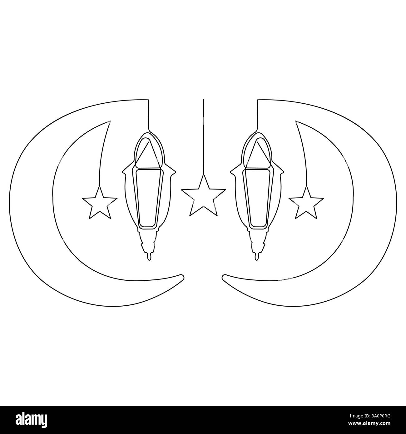 Ramadan Kareem continua arte a linea singola che disegna decorazioni islamiche con lanterna stella e luna in stile festeggiamenti religiosi Illustrazione Vettoriale