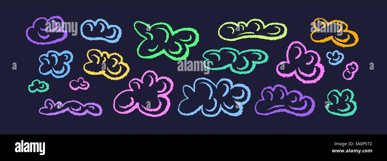 Soffice nuvola. I pastelli a cera disegnati a mano colorano l'arte su sfondo nero. Consistenza pastello. Forma a bolle isolata. Raccolta vettoriale gesso. Comunicazione Illustrazione Vettoriale