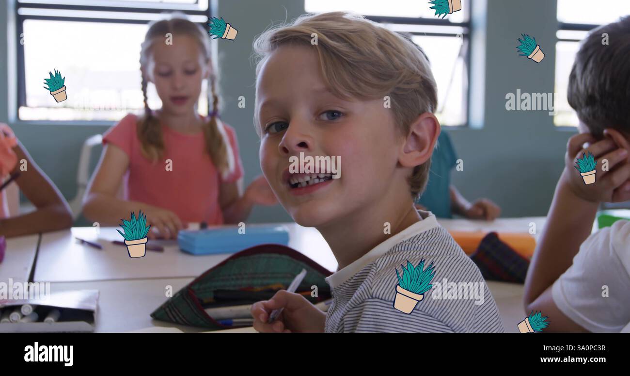 Immagine di icone ecologiche su scolari diversi a scuola Foto Stock