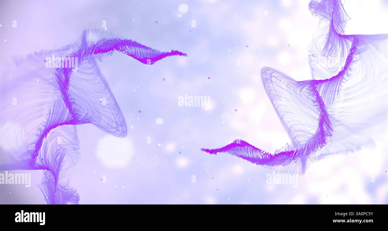 Immagine di onde di rete viola su macchie luminose bianche luminose su sfondo lilla Foto Stock