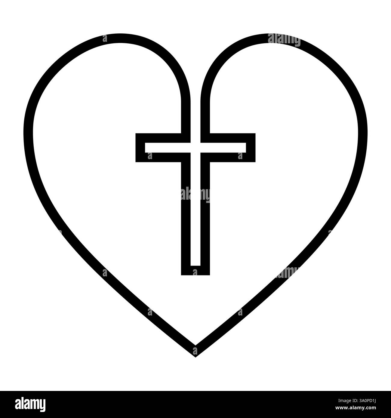 Elegante cuore nero con Cross Spiritual Love in Simple Outline Illustrazione Vettoriale