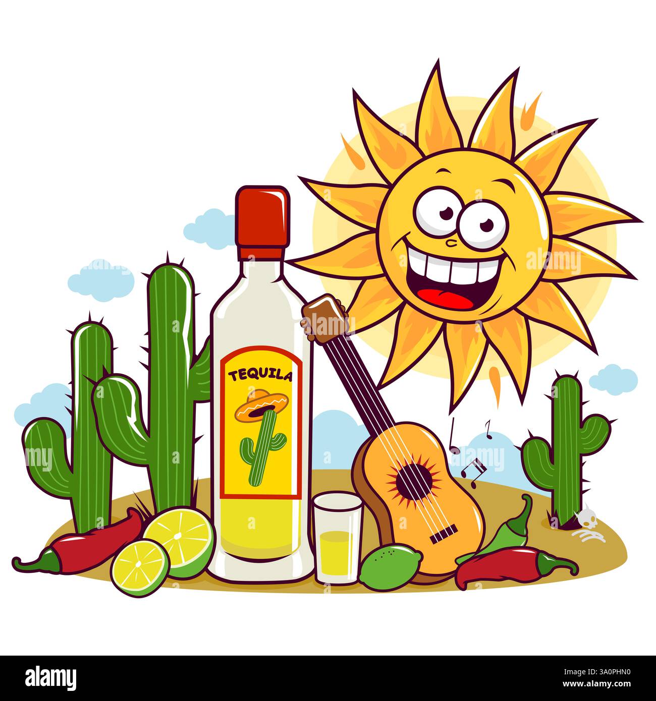 Buon sole dei cartoni animati nel deserto messicano, festa con musica e bevande. Bottiglia messicana di tequila, peperoncino, chitarra e cactus. Festa Cinco de Mayo Foto Stock