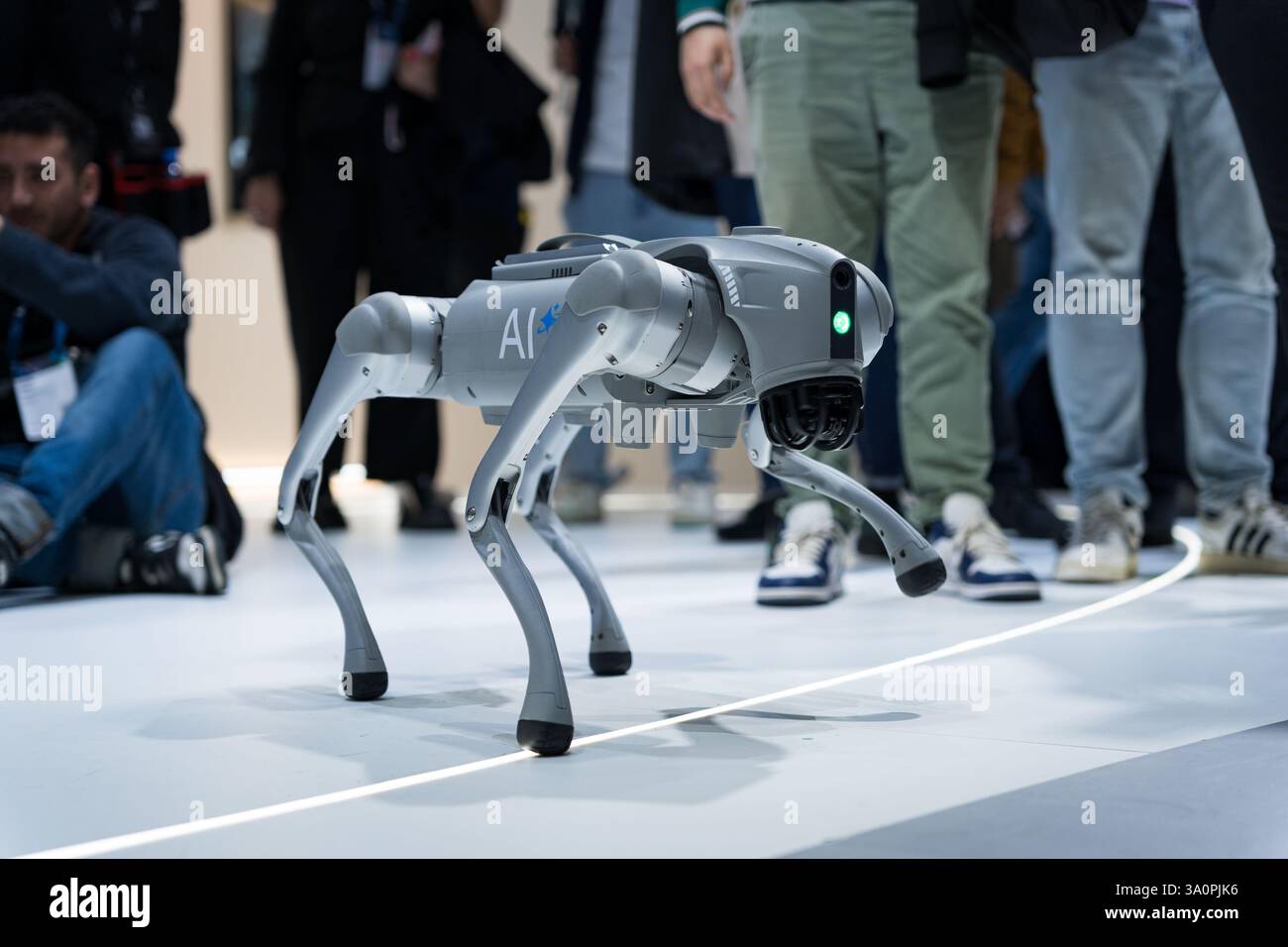Barcellona, Spagna. 4 marzo 2025. Un cane robotico è visto interagire con le persone al Mobile World Congress 2025 (MWC) presso la Fira de Barcelona. Il GSMA Mobile World Congress, una delle fiere di tecnologia e comunicazione più importanti al mondo, si tiene ogni anno a Barcellona, con le più grandi aziende tecnologiche e mobili di tutto il mondo che presentano i loro prodotti più recenti. Credito: SOPA Images Limited/Alamy Live News Foto Stock
