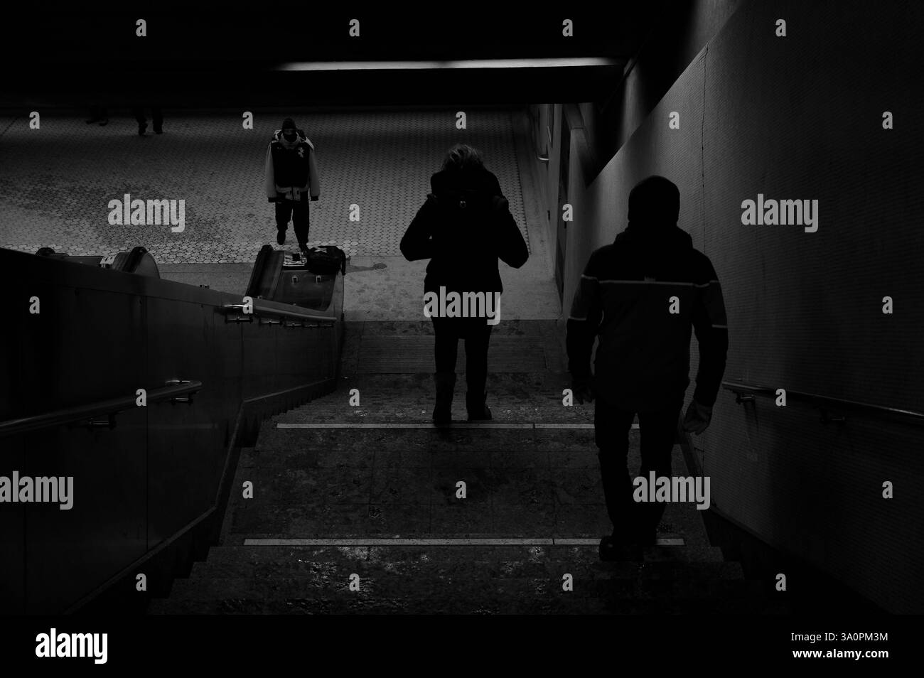Monocromatico di persone che scendono nel sottosuolo durante l'inverno Foto Stock