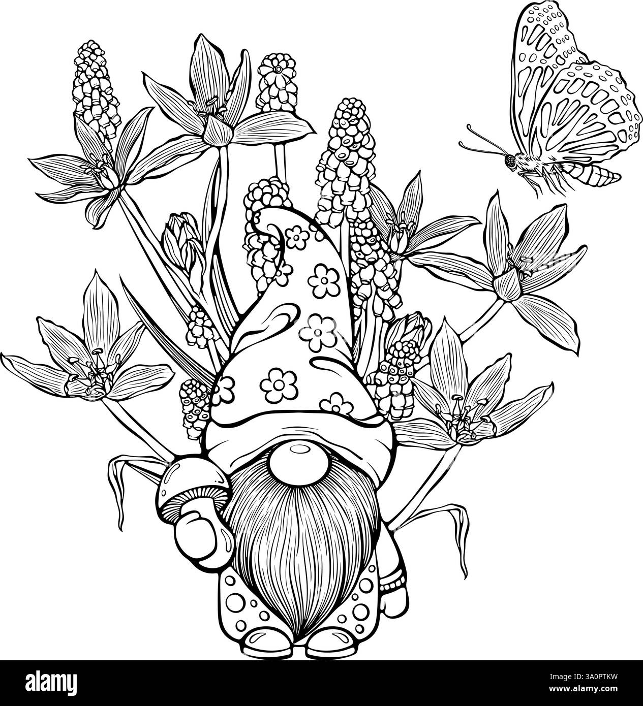 Composizione primaverile con gnomi e fiori line art Illustrazione Vettoriale
