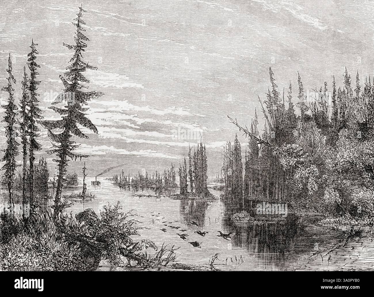 Ingresso alle Thousand Islands, fiume San Lorenzo, Ontario, confine Canada-USA, XIX secolo. Da Voyage dans l'Amerique Septentrionale di M.L. Deville, Etats-Unis et Canada, 1854 - 1855 o viaggio in Nord America di M.L. Deville, Stati Uniti e Canada, 1854 - 1855. Apparso in le Tour du Monde, pubblicato nel 1861. Foto Stock