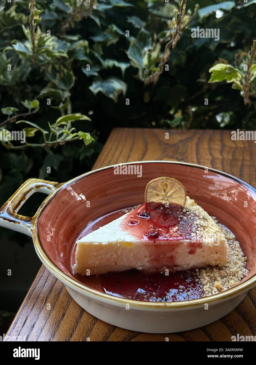 Una fetta di cheesecake con salsa di frutti di bosco e un contorno di limone essiccato, servita in un piatto di ceramica con noci schiacciate su un tavolo di legno, con piante verdi in t Foto Stock