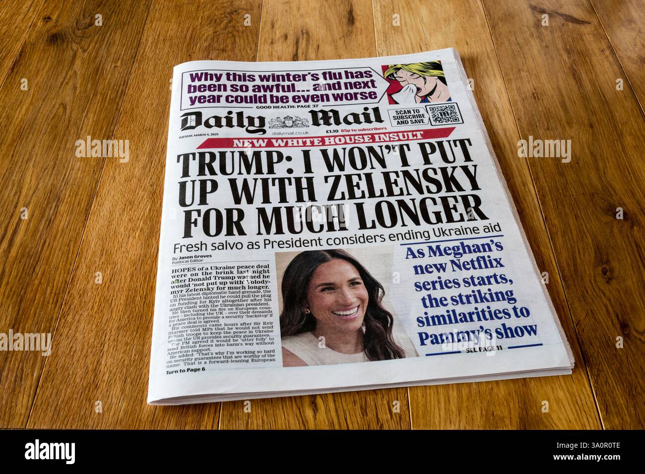 4 marzo 2025. Il titolo della prima pagina del Daily mail è Trump: Non sopporterò Zelensky ancora a lungo. Foto Stock