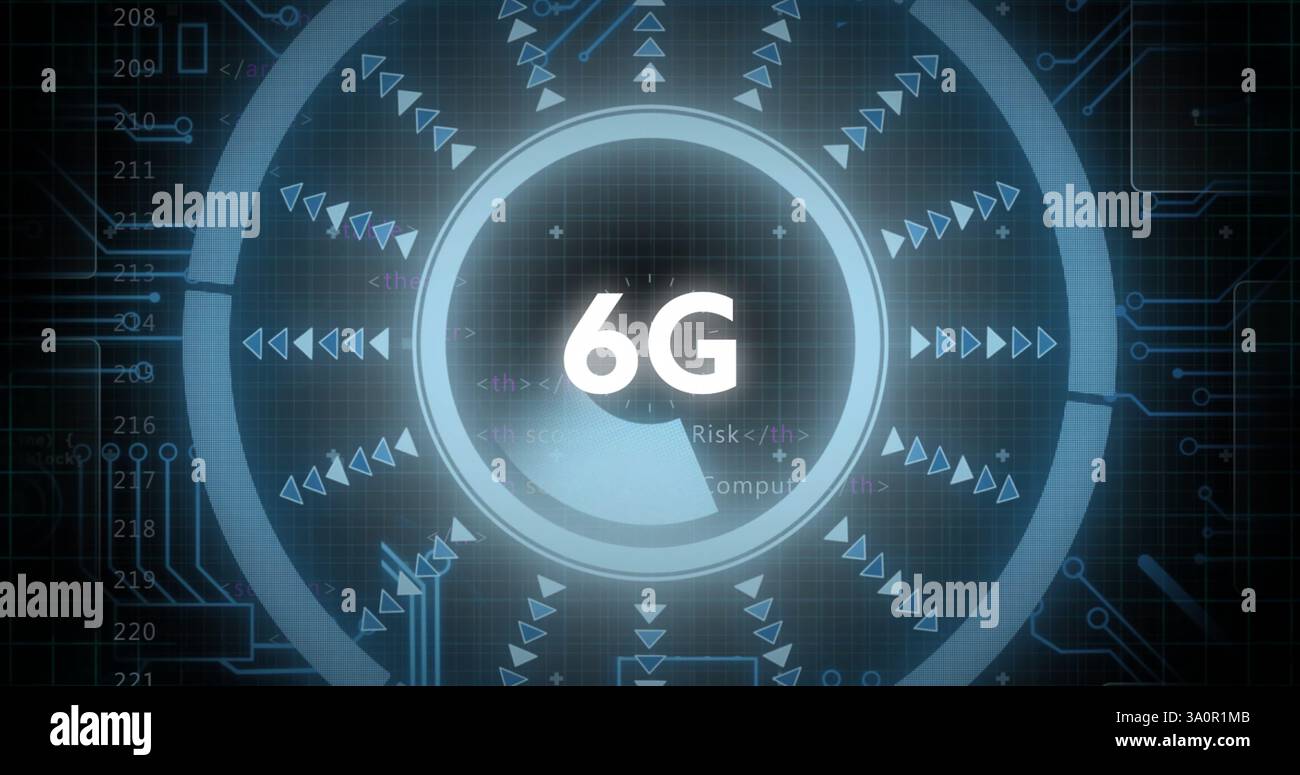 Immagine della tecnologia 6G tramite interfaccia digitale con elementi di codifica e frecce Foto Stock
