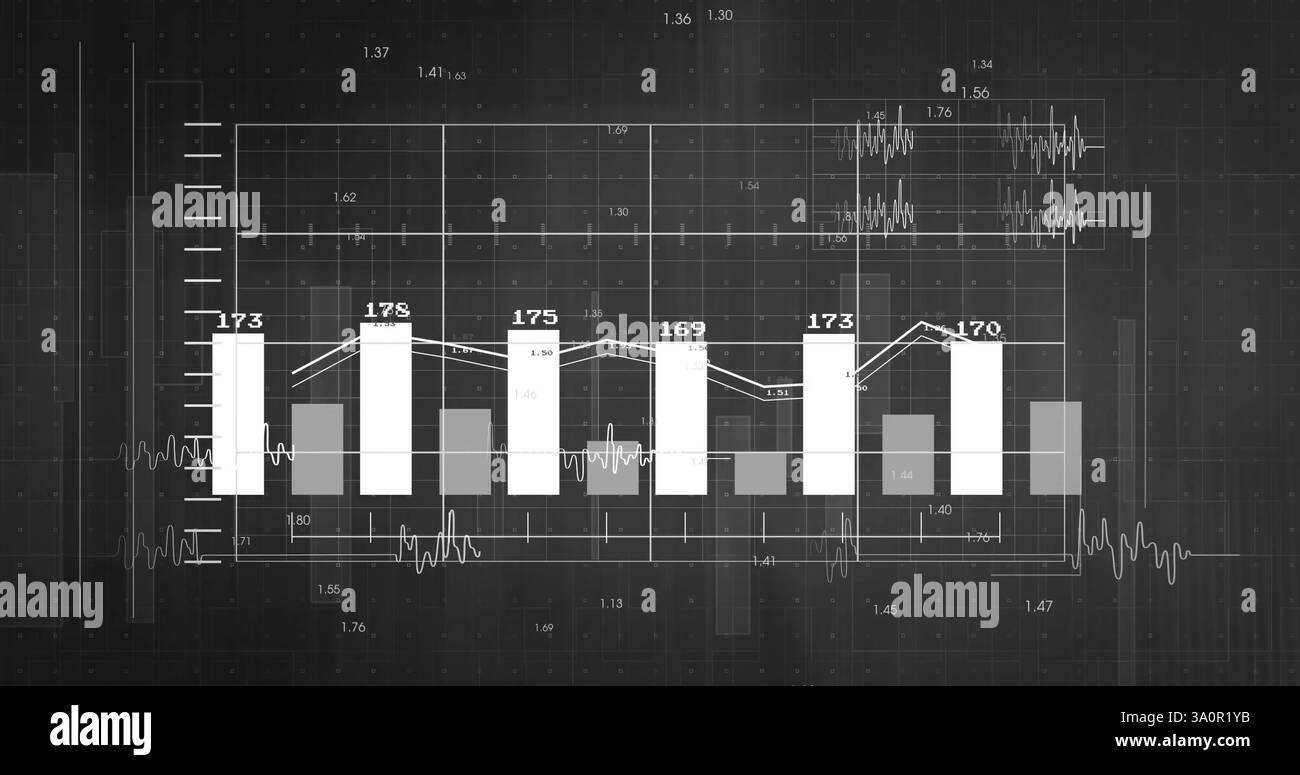 Immagine dell'elaborazione dei dati finanziari su sfondo nero Foto Stock