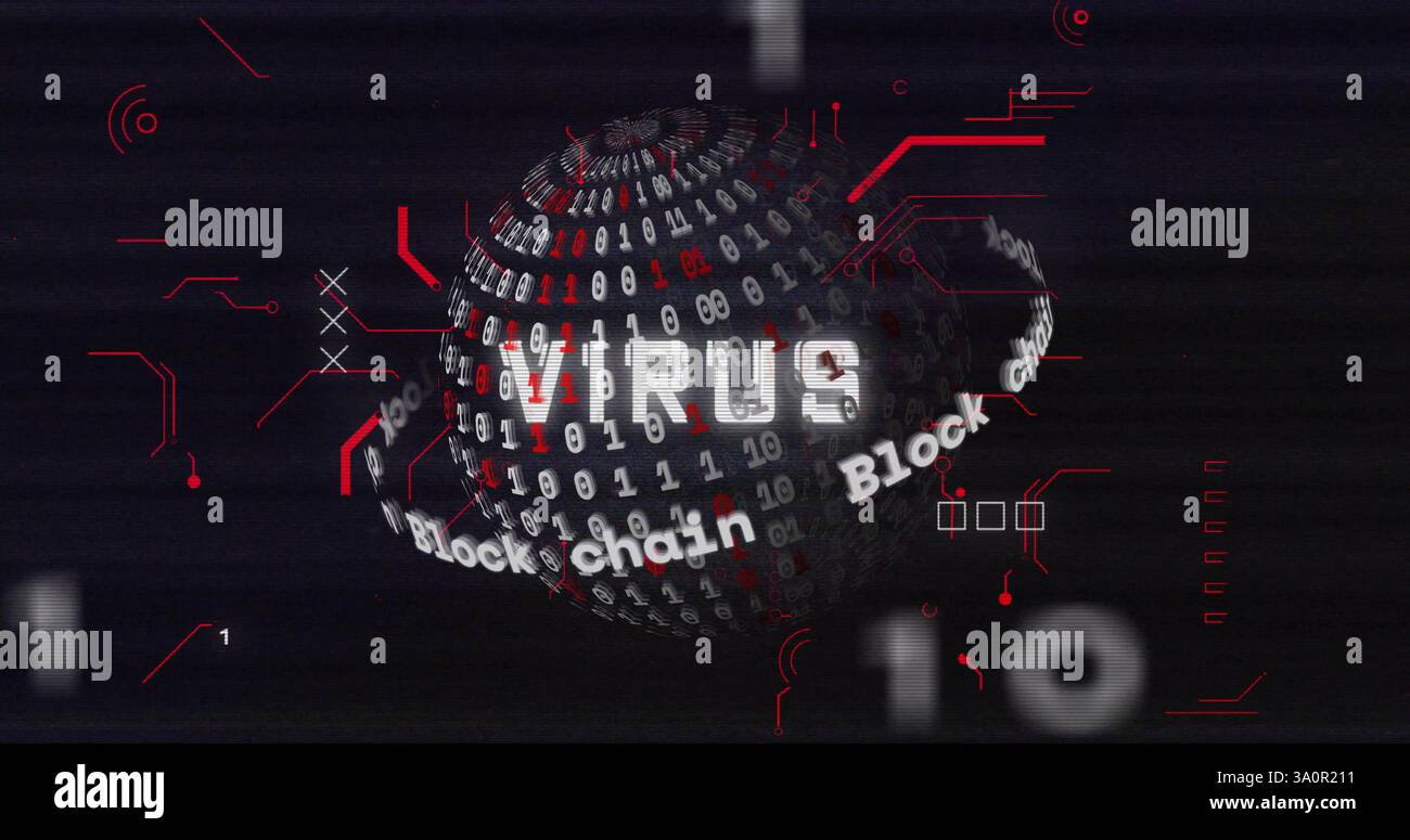 Immagine del testo del virus su un globo di elaborazione dati digitale e codifica binaria Foto Stock