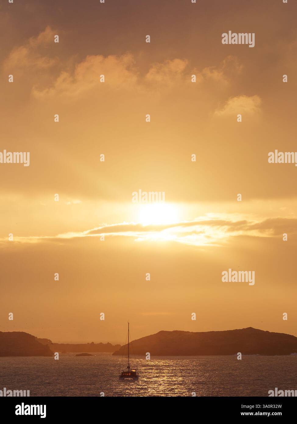 Catamarano sul mare atlantico con l'isola alle spalle al tramonto a Essaouira. 4 marzo 2025 Foto Stock