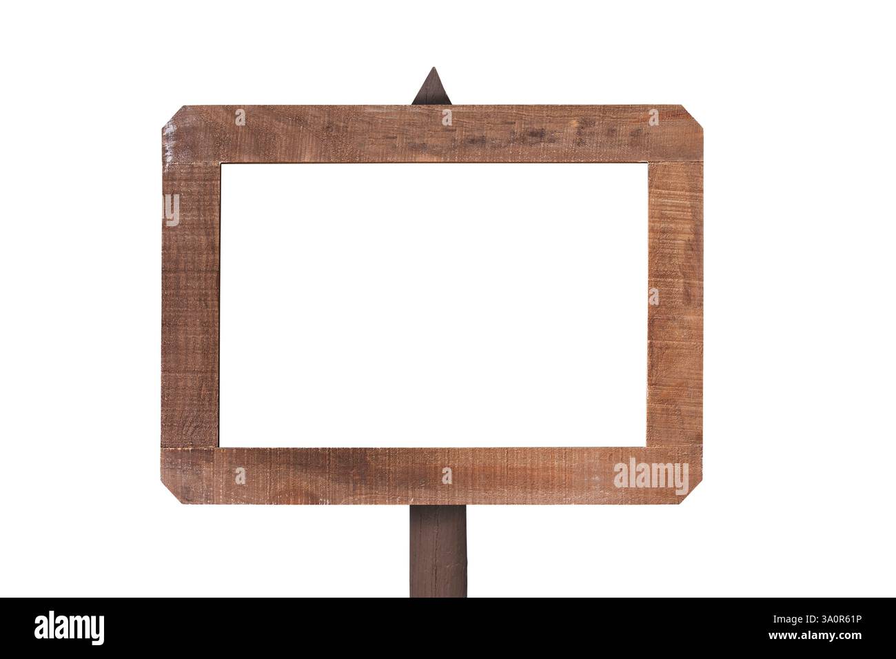 Insegna in legno rustico vintage su un palo isolata su sfondo bianco, ritagliata Foto Stock