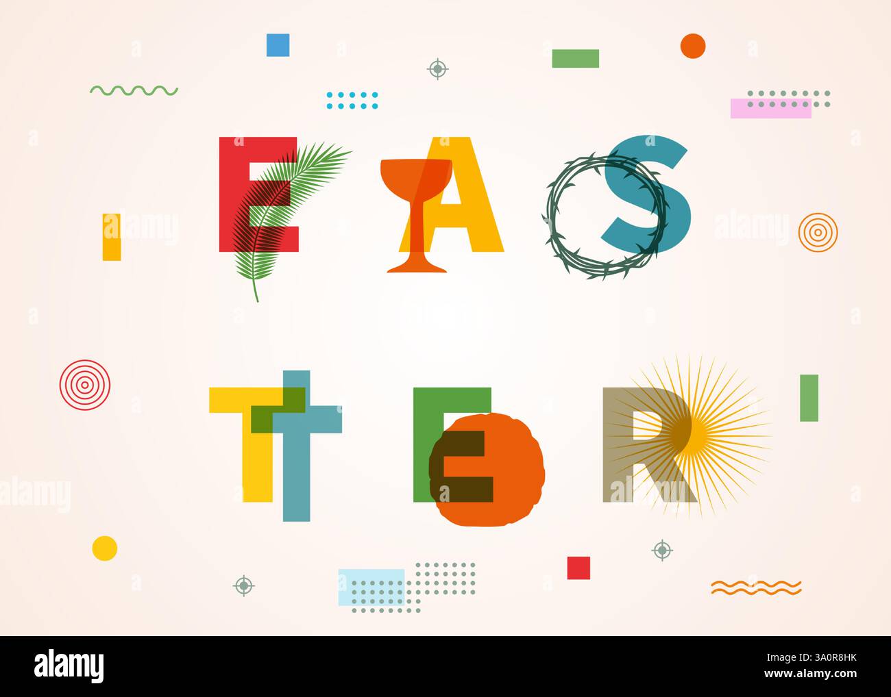 Manifesto tipografico creativo di Pasqua con simboli cristiani. Buona Pasqua, striscione della chiesa con ramo di palma, ciotola e icone del pane, corona di spine, croce Illustrazione Vettoriale