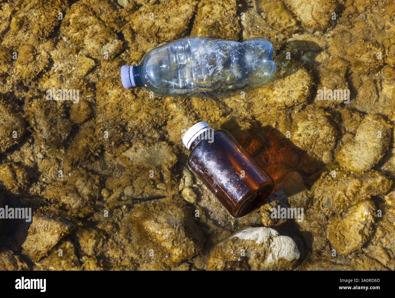 Inquinamento ambientale, bottiglie di plastica lavate sulla riva del lago, rifiuti domestici, Austria, Europa Foto Stock