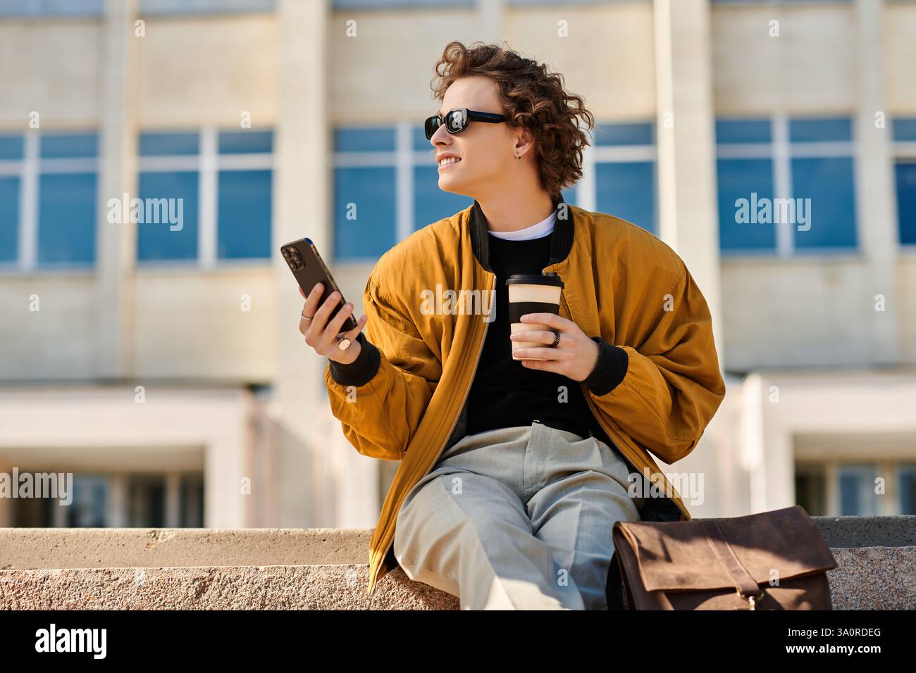 Un giovane uomo elegante si siede su una sporgenza, sorseggiando un caffè e sorridendo mentre scorre sul telefono. Foto Stock