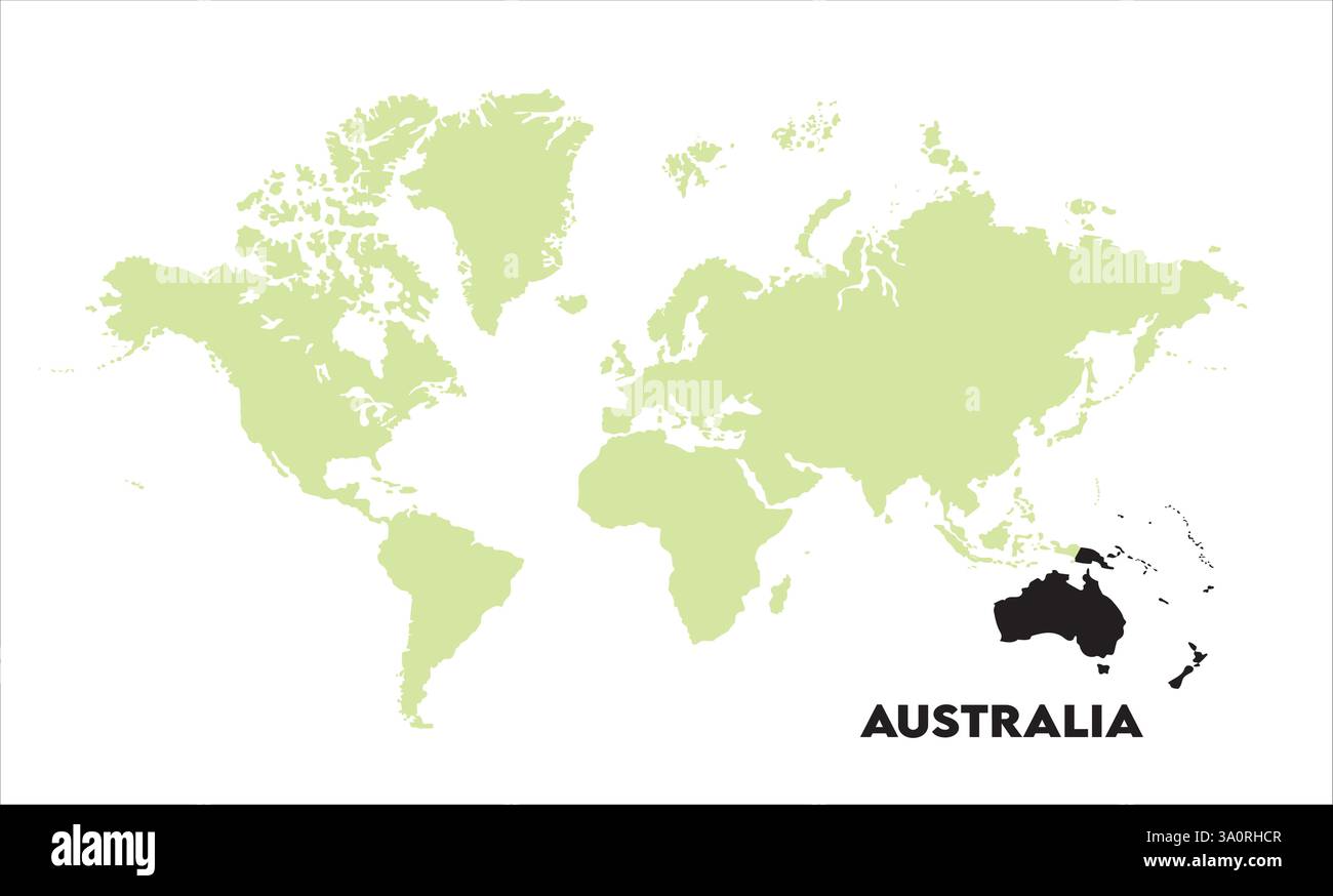 Mappa dell'Australia, evidenziata sulla mappa del mondo, Australia sulla mappa del mondo, Vista satellitare, Australia posizione sul globo. Illustrazione Vettoriale