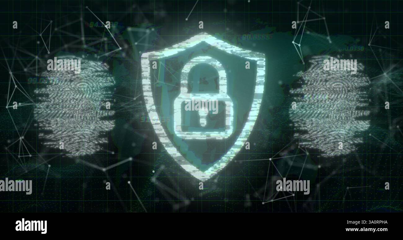 Immagine del lucchetto e elaborazione dei dati su impronte biometriche Foto Stock