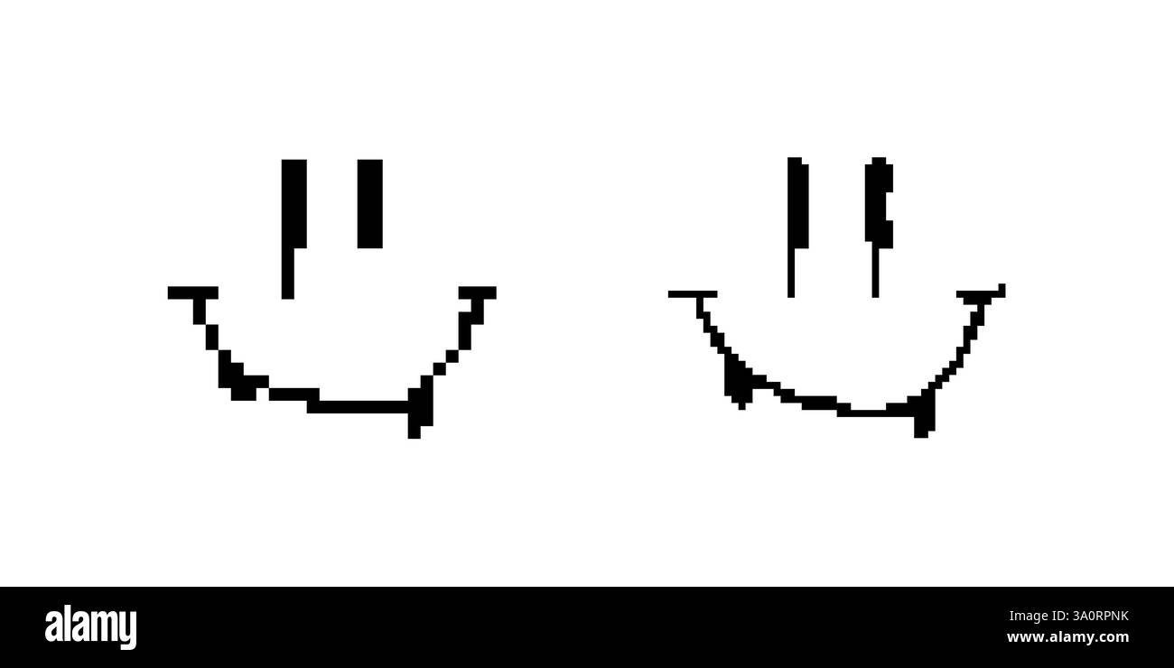 Volti smiley pixelati con espressioni diverse in una semplice grafica in bianco e nero Illustrazione Vettoriale