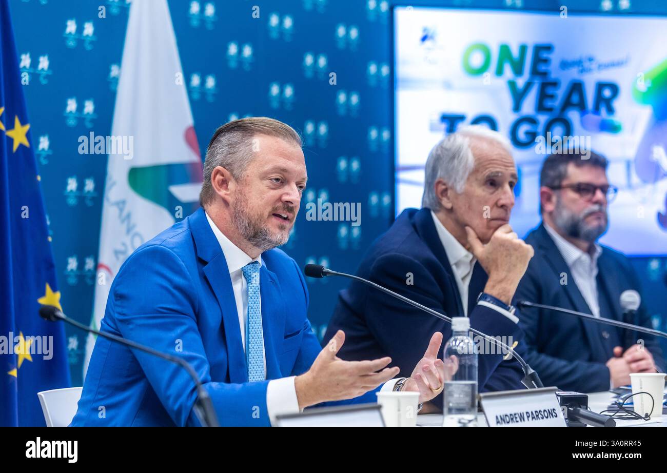 Milano, Italia. 5 marzo 2025. Il Presidente Comitato Paralimpico Internazionale Andrew Parsons alla Conferenza stampa del One Year to Go Giochi Paralimpici invernali Milano Cortina 2026, presso la sede di via della Boscaiola 26 - Milano, Italia - Mercoled&#xec;, 5 marzo 2025 (foto Stefano porta/LaPresse) Conferenza stampa del One Year To Go Giochi Paralimpici invernali Milano Cortina 2026, presso la sede in via della Boscaiola 26 - Milano, Italia - Milano, Italia - mercoledì, 5 marzo, 5 marzo 2025 - LaPresse Foto Stock