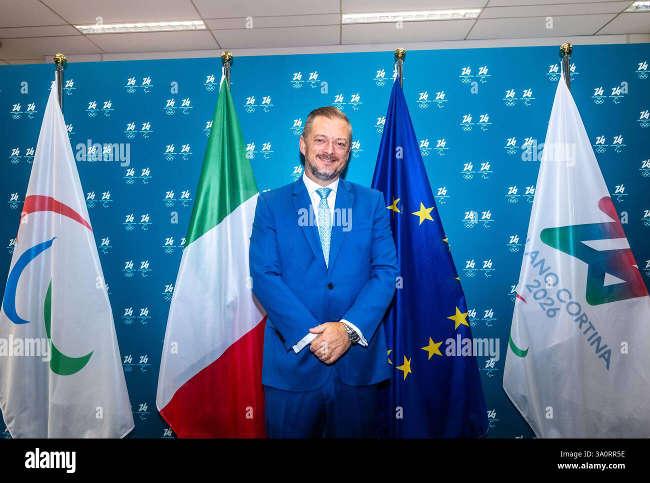 Milano, Italia. 5 marzo 2025. Il Presidente Comitato Paralimpico Internazionale Andrew Parsons alla Conferenza stampa del One Year to Go Giochi Paralimpici invernali Milano Cortina 2026, presso la sede di via della Boscaiola 26 - Milano, Italia - Mercoled&#xec;, 5 marzo 2025 (foto Stefano porta/LaPresse) Conferenza stampa del One Year To Go Giochi Paralimpici invernali Milano Cortina 2026, presso la sede in via della Boscaiola 26 - Milano, Italia - Milano, Italia - mercoledì, 5 marzo, 5 marzo 2025 - LaPresse Foto Stock