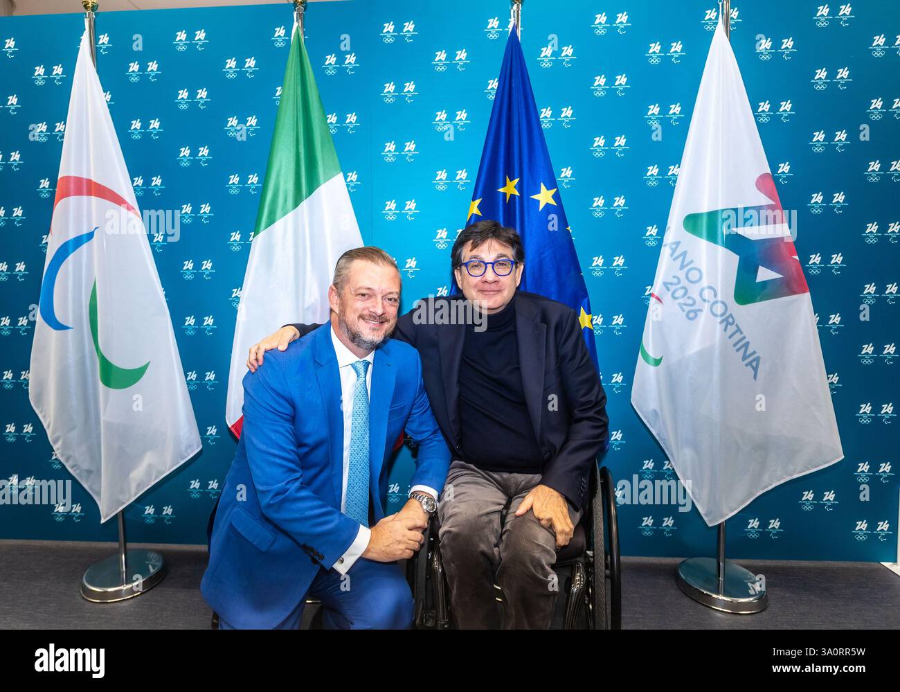Milano, Italia. 5 marzo 2025. Il Presidente Comitato Paralimpico Internazionale Andrew Parsons con Luca Pancalli alla Conferenza stampa del One Year to Go Giochi Paralimpici invernali Milano Cortina 2026, presso la sede di via della Boscaiola 26 - Milano, Italia - Mercoled&#xec;, 5 marzo 2025 (foto Stefano porta/LaPresse) Conferenza stampa di The One Year To Go Giochi Paralimpici invernali Milano Cortina 2026, presso la sede in via della Boscaiola 26 - Milano, porta AlPresse, Italia - Milano, Italia - Credit: 5 marzo 2025 - Milano LaPresse Foto Stock
