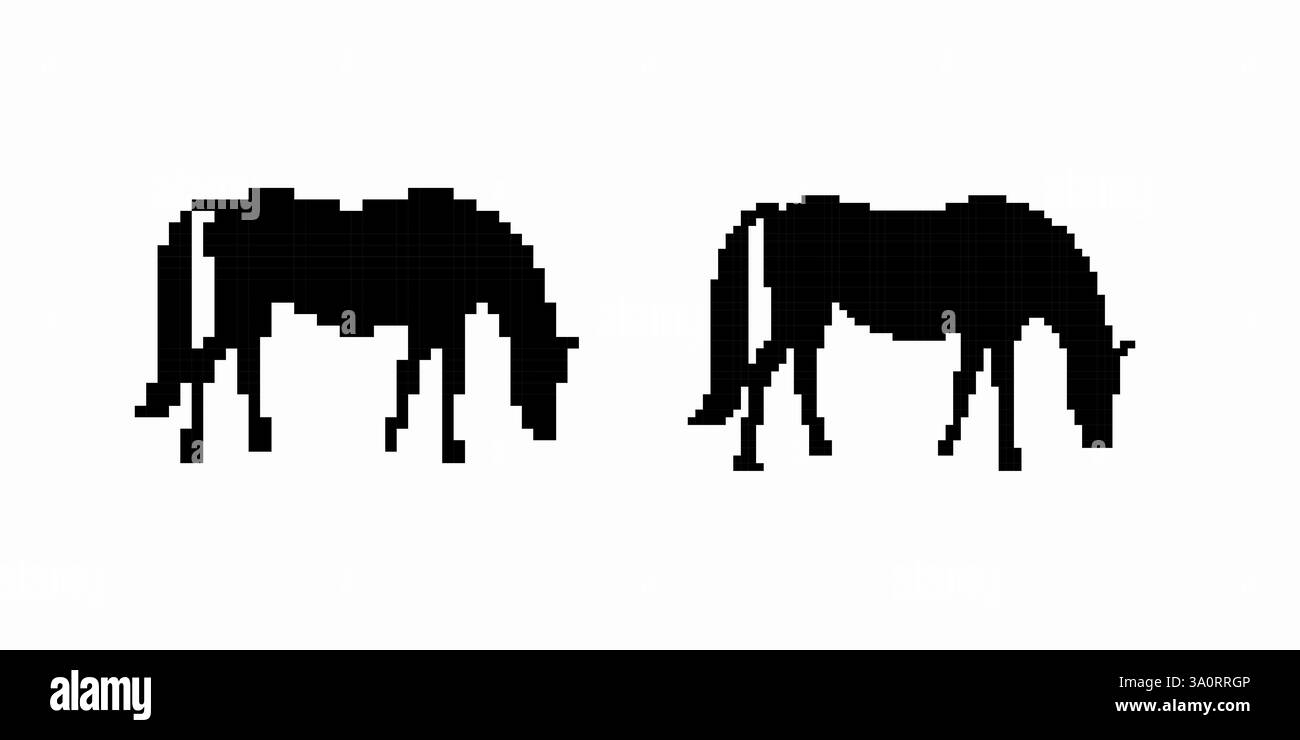 Silhouette di due cavalli pascolati uno di fronte all'altro in uno stile minimalista Illustrazione Vettoriale