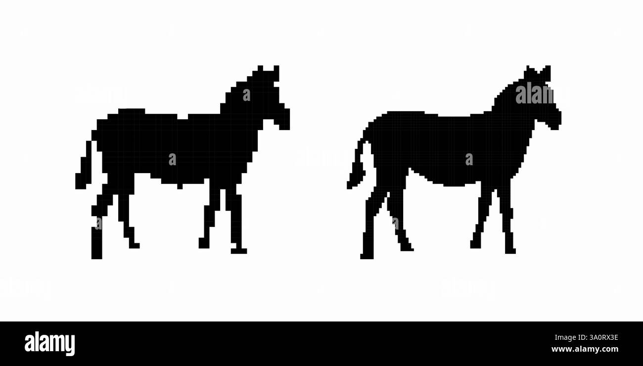 Silhouette nera di due cavalli in piedi con le teste leggermente girate lateralmente Illustrazione Vettoriale