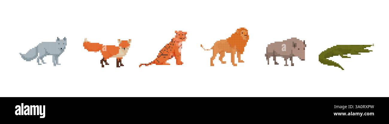 Pixel art Animal Row con lupo, volpe, ghepardo, leone, bisonte, e coccodrillo Illustrazione Vettoriale
