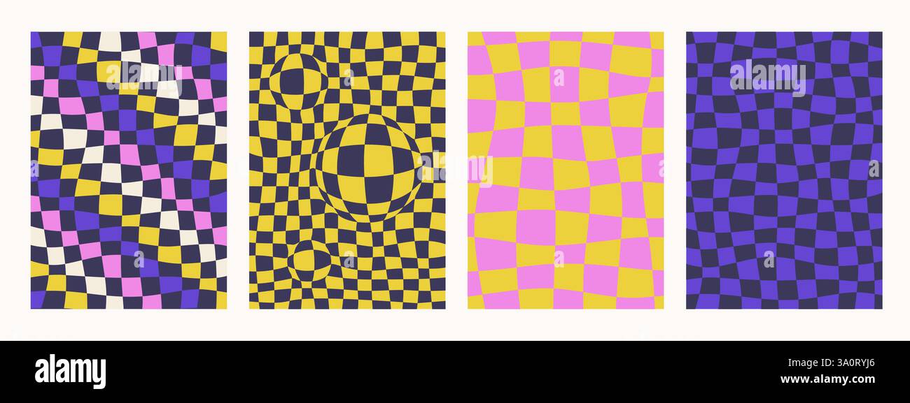 Sfondi astratti a scacchiera Groovy. Set di motivi psichedelici retrò in colori retrò. Texture vettoriale eccentrica a scacchi e intrecciata alla moda Illustrazione Vettoriale