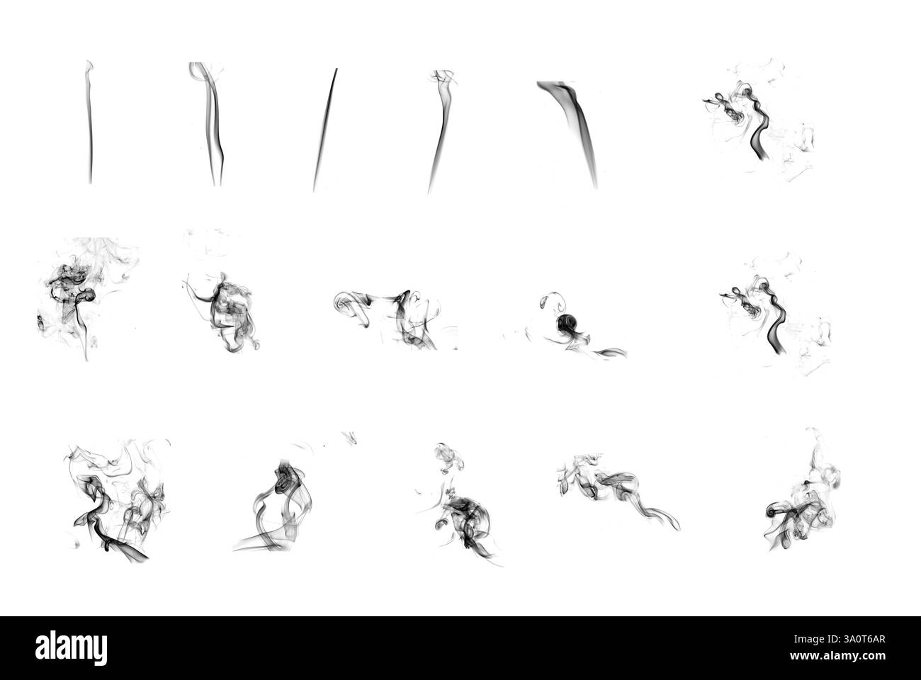 Nella foto vengono mostrate varie forme di fumo che salgono verso l'alto e creano motivi intricati. Le forme di fumo variano da sottili e delicate a spesse Foto Stock