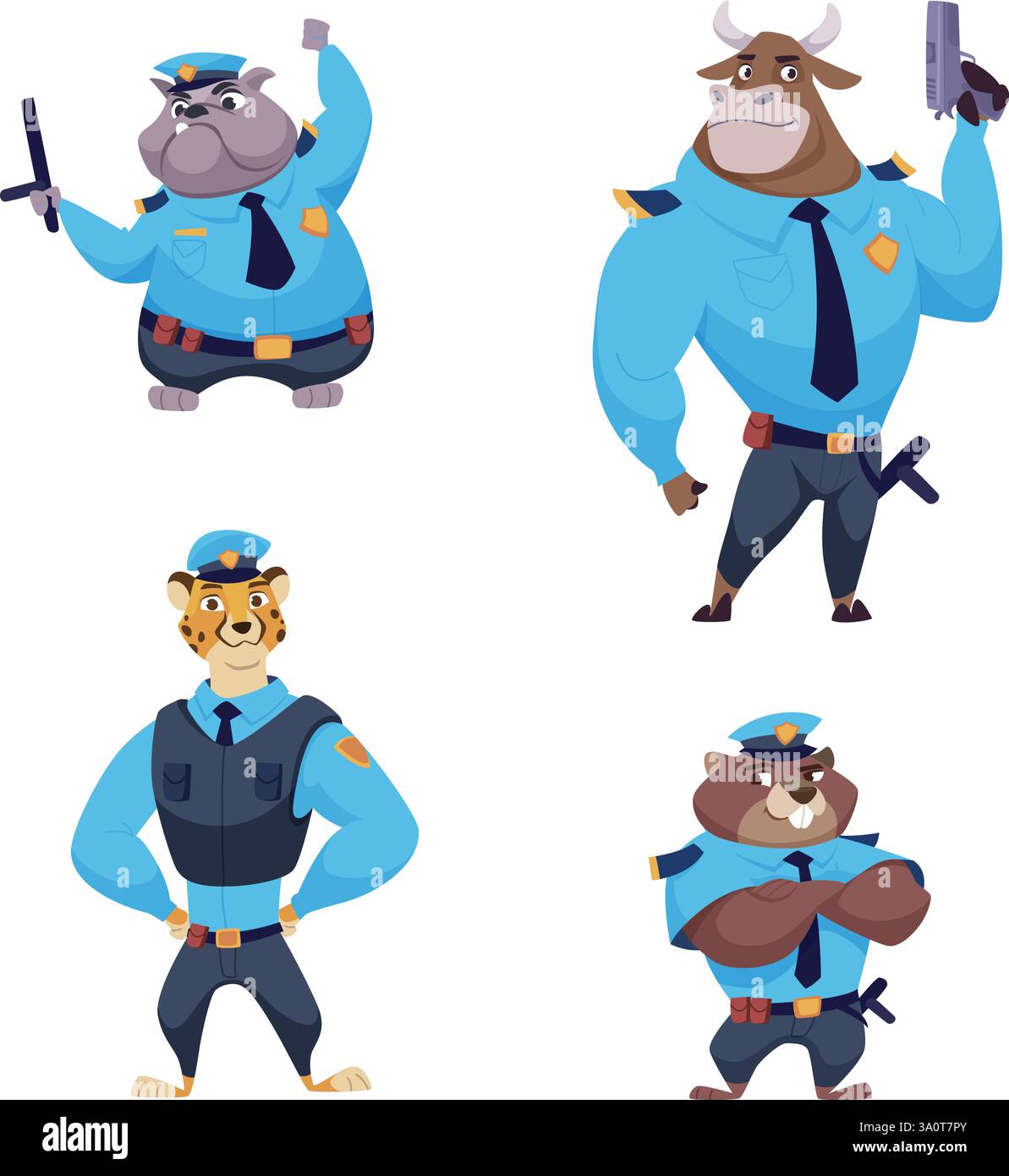 Animali della polizia. Personaggi dello zoo in uniforme professionale della polizia mascotte vettoriali esatte animali in azione pose illustrazioni dei cartoni animati Illustrazione Vettoriale