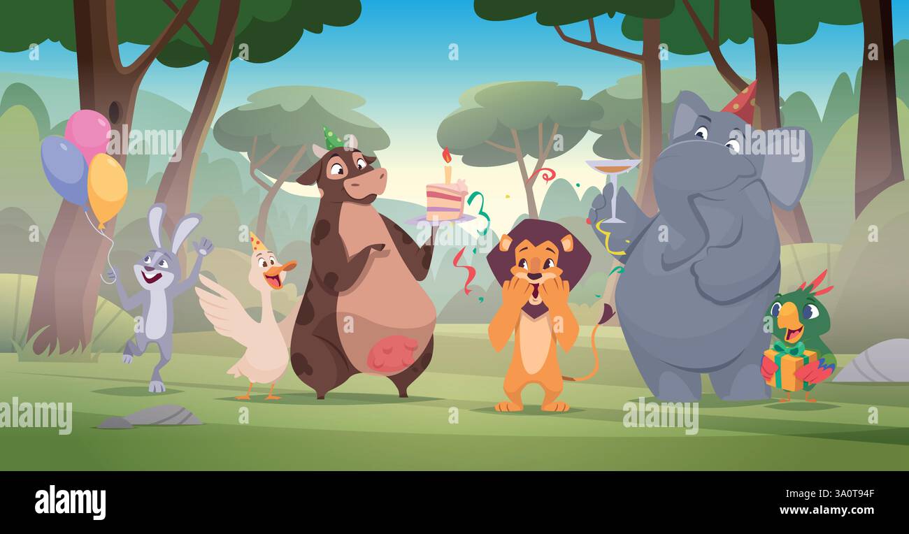 Compleanno degli animali. Sfondo cartoni animati con animali da festa che tengono torte diverse deliziose caramelle e regali modello vettoriale esatto Illustrazione Vettoriale