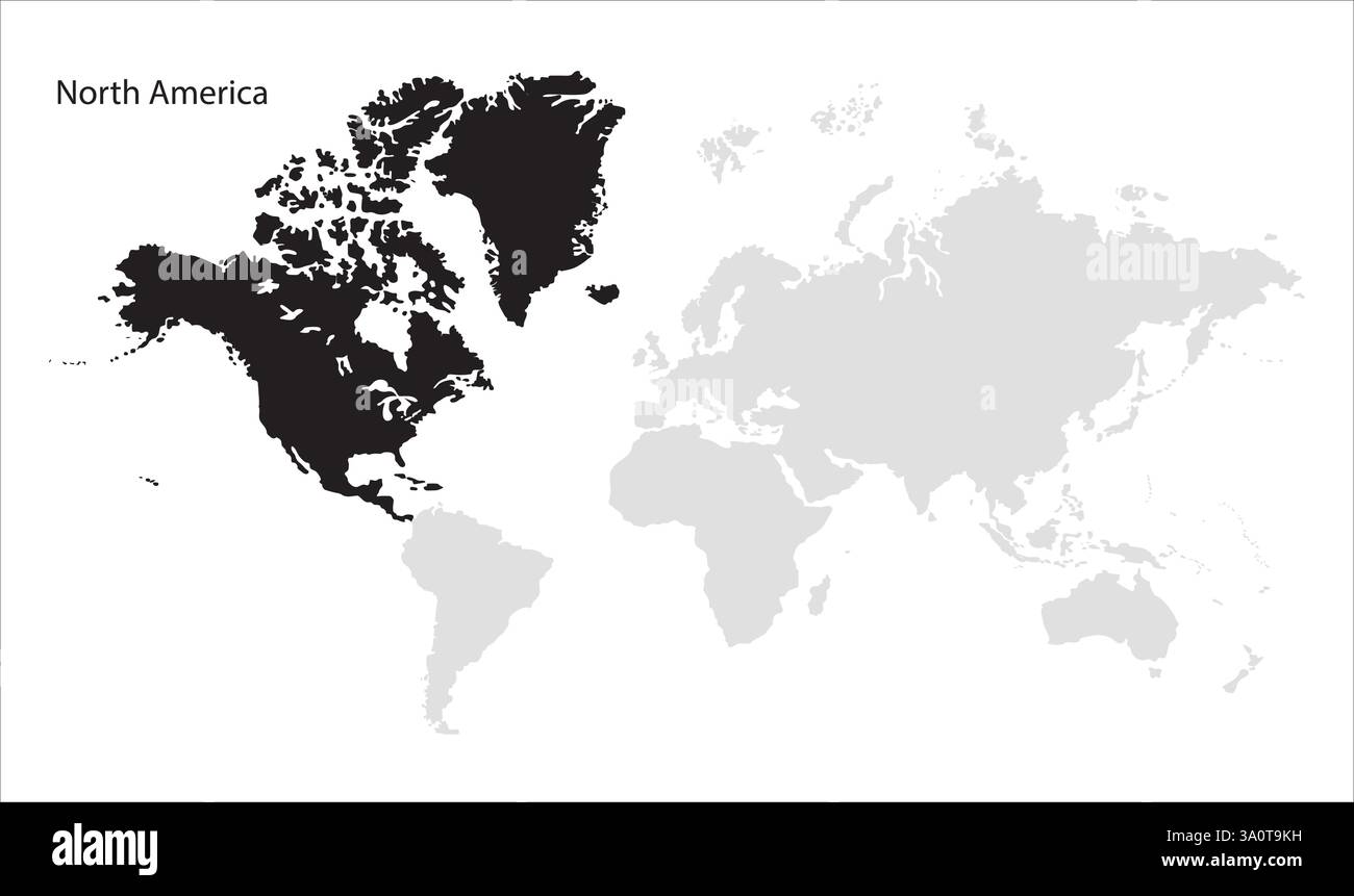 Mappa del Nord America, evidenziata sulla mappa del mondo, Nord America sulla mappa del mondo, Vista satellitare, Nord America posizione sul globo. Illustrazione Vettoriale