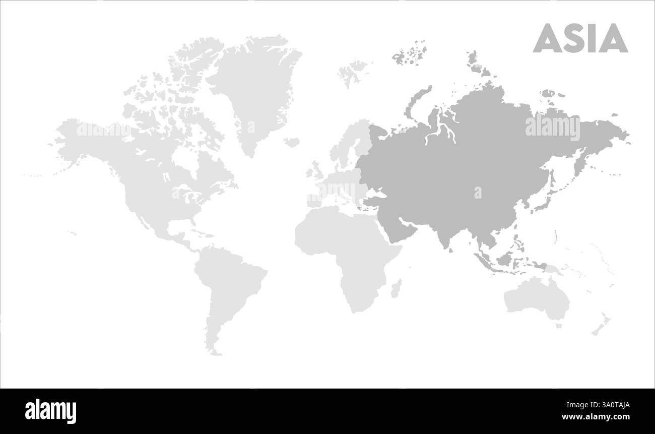 Mappa dell'Asia, evidenziata sulla mappa del mondo, Asia sulla mappa del mondo, Vista satellitare, posizione dell'Asia sul globo. Illustrazione Vettoriale