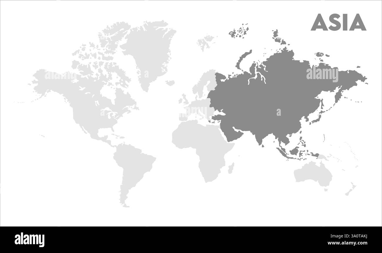 Mappa dell'Asia, evidenziata sulla mappa del mondo, Asia sulla mappa del mondo, Vista satellitare, posizione dell'Asia sul globo. Illustrazione Vettoriale