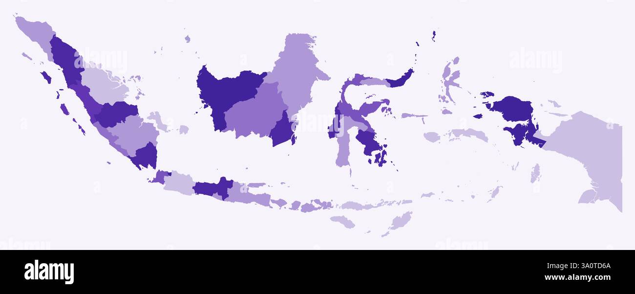 Mappa dell'Indonesia con le regioni. Solo una semplice mappa di confine con la divisione della regione. Tavolozza di colori viola intenso. Illustrazione Vettoriale