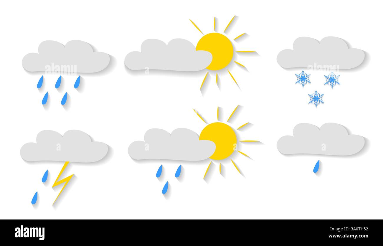 Simboli meteo che illustrano sole, pioggia, neve e fulmini in un semplice stile vettoriale Illustrazione Vettoriale